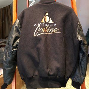 VINTAGE AOL AMERICA ONLINE DELONG MEN’S LEATHER WOOL VARSITY JACKET, BLACK XL